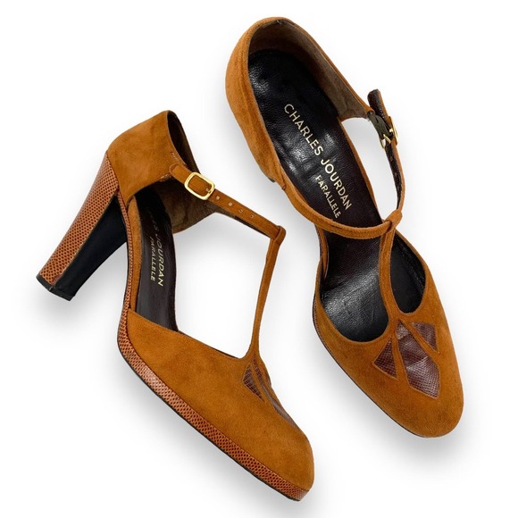 1970's CHARLES JOURDAN Paris suede and snakeskin T-strap high heel shoes - Picture 2 of 15